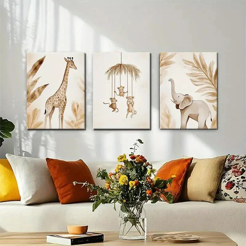 3pcs Safari Jungle Theme Animal Friends Perfect Wall Art Set Canvas Framed 40x60cm - High Quality Print 100% Australian Made Wall Canvas Ready to Hang