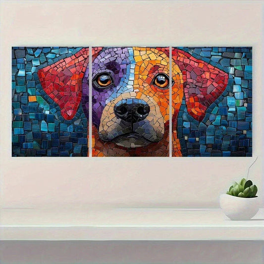 3pcs Vibrant Mosaic Dog Colorful Abstract Metal Print Ready to Hang Art
