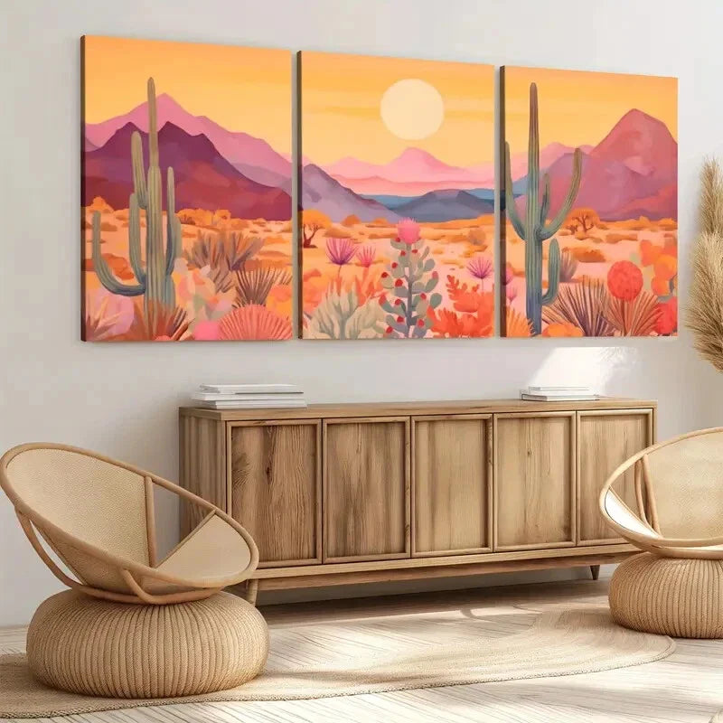 3pcs Arizona Sunset Colourful Mountains Orange Wall Art Set Canvas Framed 40x60cm - High Quality Print 100% Australian Made Wall Canvas Ready to Hang