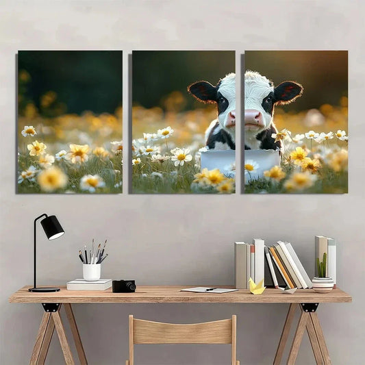 3pcs Cute Black & White Land Whimsical Cow Metal Print Ready to Hang Art