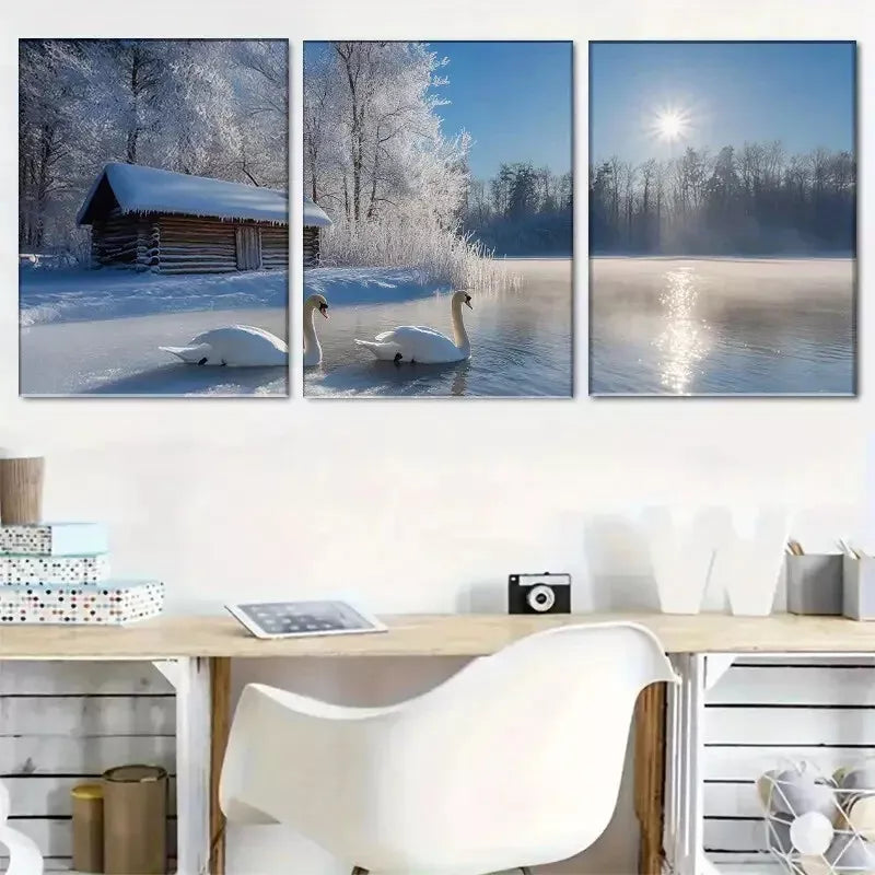 3pcs calm charm Winter Swan Lake Wrapped Wall Art Set Canvas Framed 40x60cm - High Quality Print 100% Australian Made Wall Canvas Ready to Hang