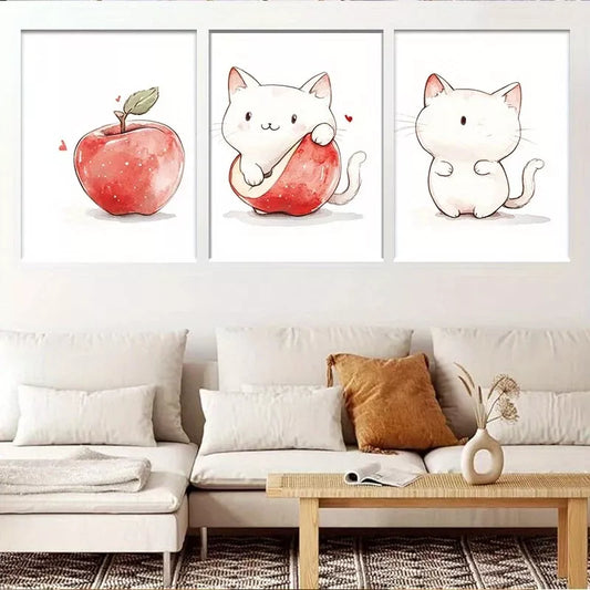 3pcs Adorable Cat and Apple Watercolor l Wall Art Set Canvas Framed 40x60cm - High Quality Print 100% Australian Made Wall Canvas Ready to Hang