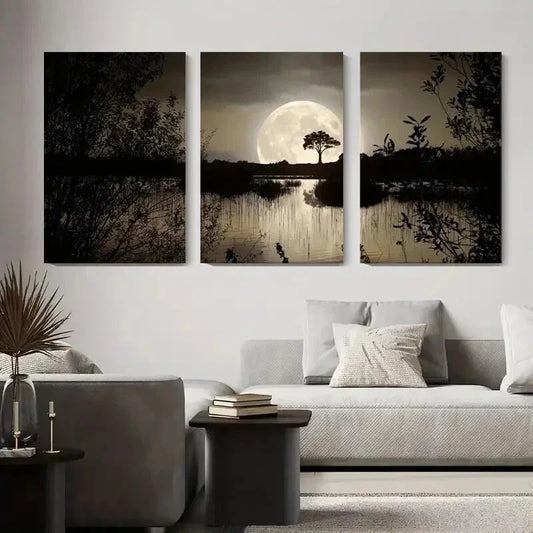3pcs Serene Nature Landscape Black and White Metal Print Ready to Hang Art