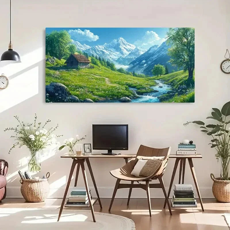 Snow Mountain & Stream Wall Art Canvas Office Home Room Framed 80x45cm