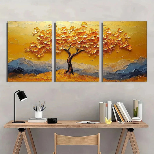 3pcs Abstract Golden Tree Vibrant Autumn Metal Print Ready to Hang Art