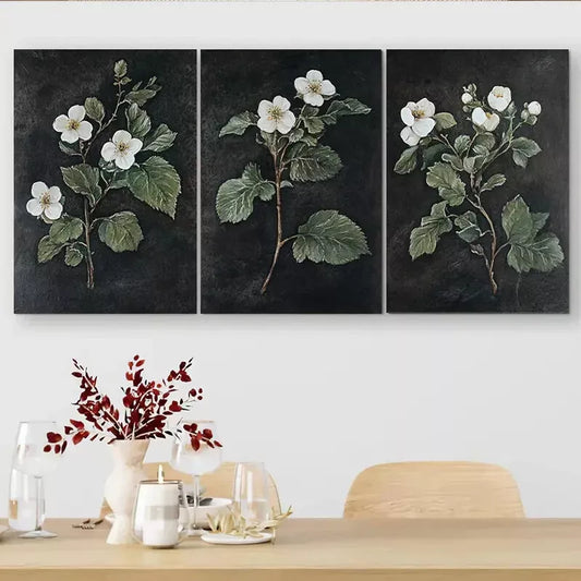 3pcs Elegant Botanical White Flower Triptych Wall Art Set Canvas Framed 40x60cm - High Quality Print 100% Australian Made Wall Canvas Ready to Hang