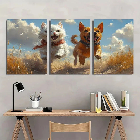 3pcs Whimsical Cat Riding Dog Playful Animal Metal Print Ready to Hang Art