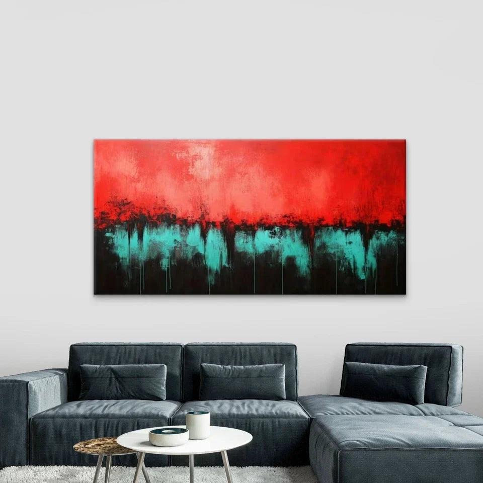 Vibrant Red & Teal Abstract Wall Art Canvas Office Home Room Framed 80x45cm