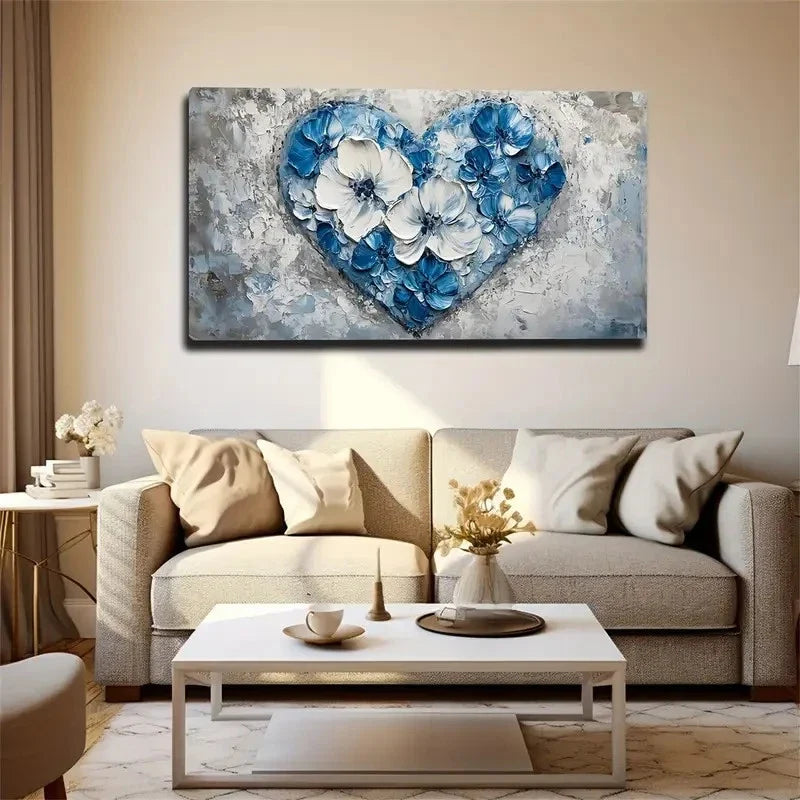 Modern Blue White Floral Heart Wall Art Canvas Office Home Room Framed 120x60cm