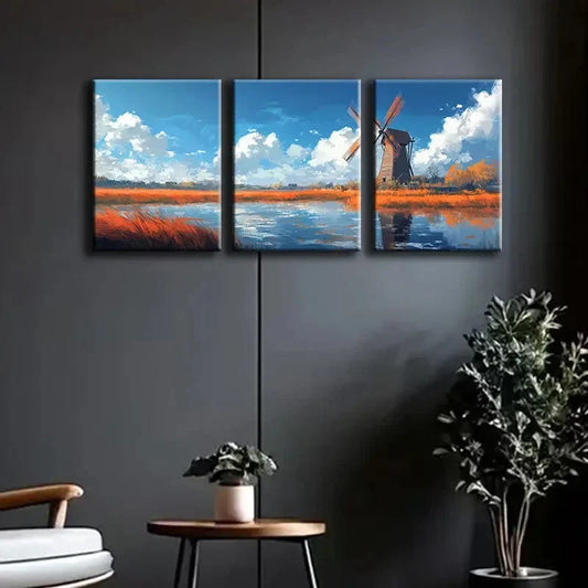 3pcs A Windmill on the Water Perfect Wall Art Set Canvas Framed 40x60cm - High Quality Print 100% Australian Made Wall Canvas Ready to Hang