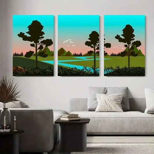 3pcs Abstract Landscape with Trees and River Metal Print Ready to Hang Art