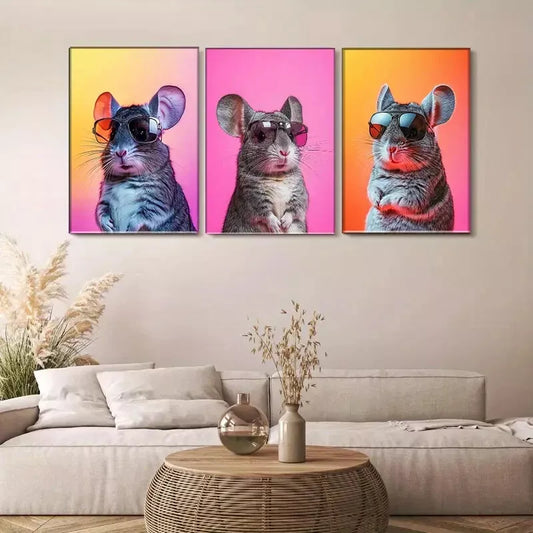 3pcs Cool Chinchilla in Glasses Triptych Wall Art Set Canvas Framed 40x60cm - High Quality Print 100% Australian Made Wall Canvas Ready to Hang