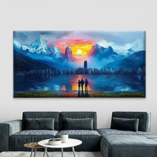 Sunset Mountain Cityscape Wall Art Canvas Office Home Room Framed 80x45cm