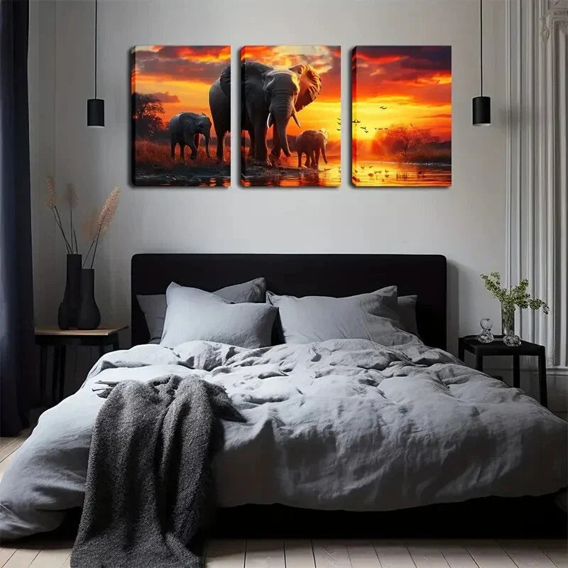 3pcs Walking Elephant At Sunset Wall Art Set Canvas Framed 40x60cm - High Quality Print 100% Australian Made Wall Canvas Ready to Hang