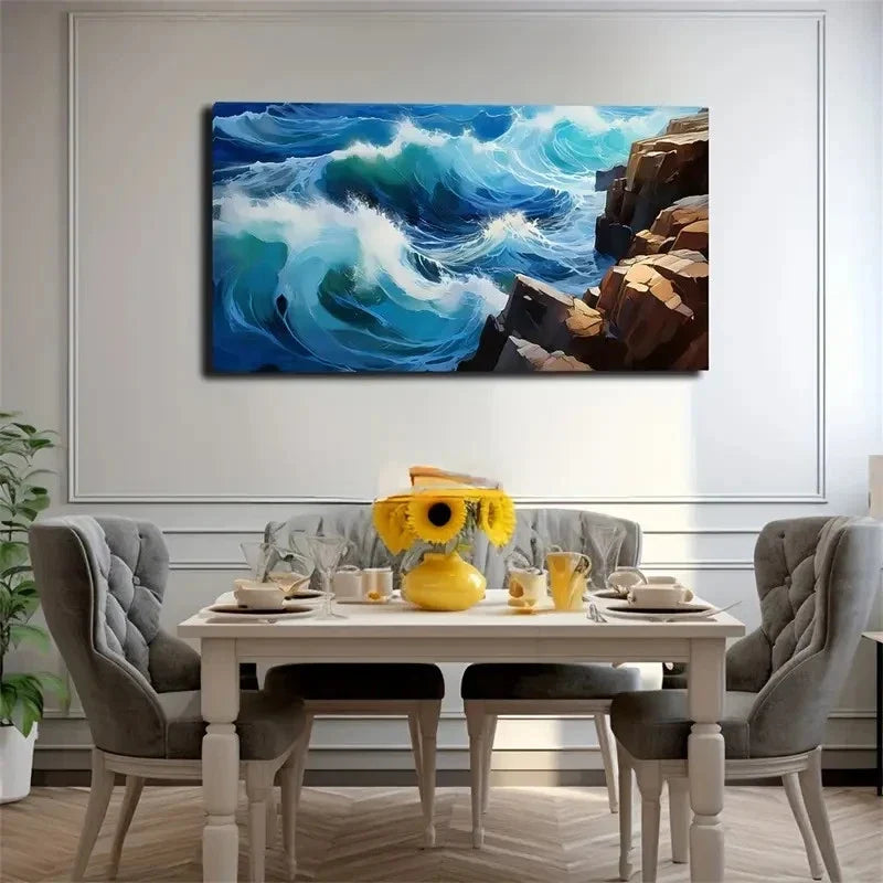 Coastal Waves Wall Art Canvas Office Home Room Framed 80x45cm
