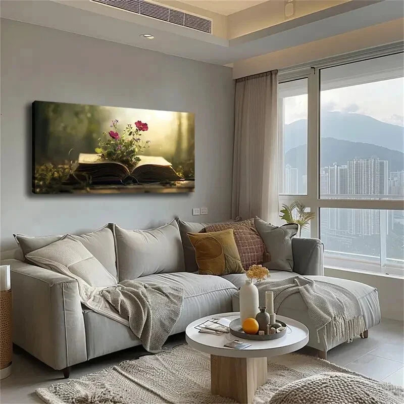 Vibrant Flowers & Open Book Wall Art Canvas Office Home Room Framed 120x60cm