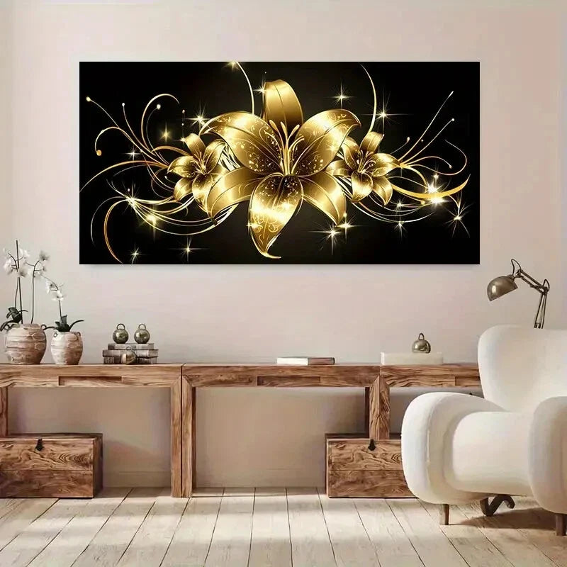 Black & Golden Floral Lil wall canvas office home room framed 120x60cm