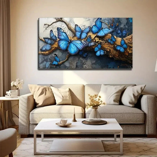 Bohemian Style Blue Butterfly Wall Art Canvas Office Home Room Framed 120x60cm