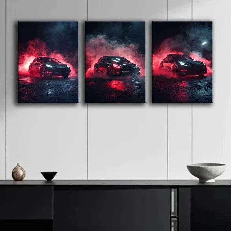 3pcs Luxurious Motion Camera Car Design Metal Print Ready to Hang Art