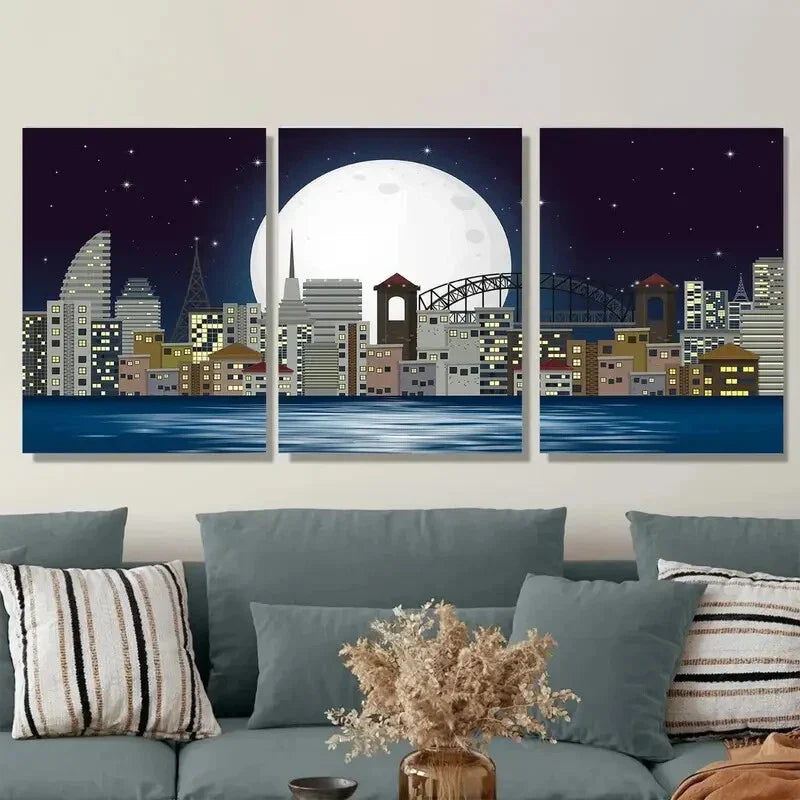 3pcs Night View Triptych Moon Metal Print Ready to Hang Art
