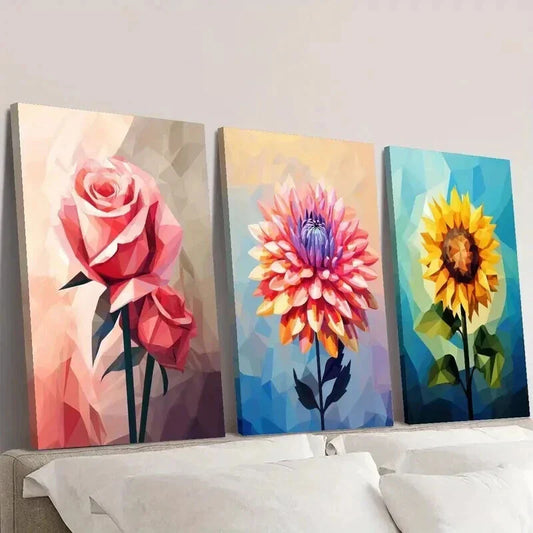 3pcs Cubism Pink Rose Abstract Dahlia Sunflower Wall Art Set Canvas Framed 40x60cm - High Quality Print 100% Australian Made Wall Canvas Ready to Hang