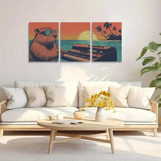 3pcs Adorable Capybara Glasses & Keyboard Metal Print Ready to Hang Art