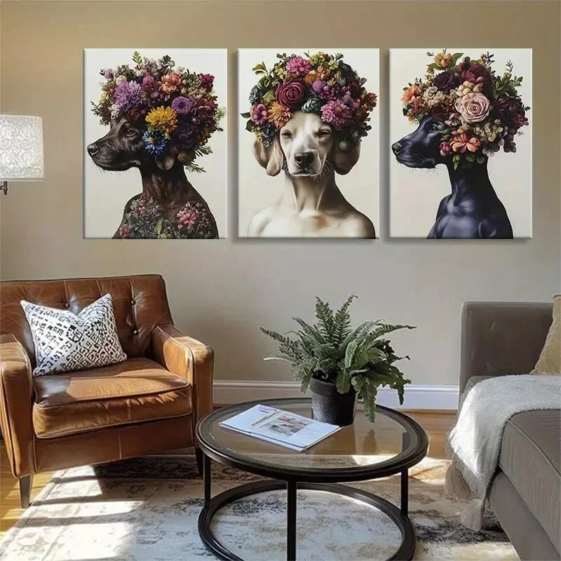 3pcs Floral Dog Portrait Crowns Adorable Perfect Wall Art Set Canvas Framed 40x60cm - High Quality Print 100% Australian Made Wall Canvas Ready to Hang