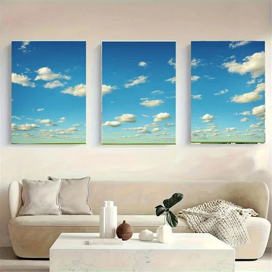 3pcs A Bright Blue Sky with White Metal Print Ready to Hang Art