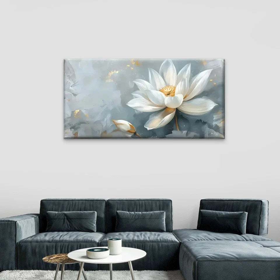 Modern White Lotus Flower Grey Wall Art Canvas Office Home Room Framed 120x60cm