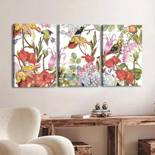 3pcs Vibrant Floral & Birds Red Flowers Parrots Wall Art Set Canvas Framed 40x60cm - High Quality Print 100% Australian Made Wall Canvas Ready to Hang