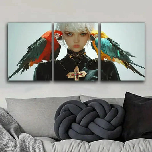 3pcs Featuring Colorful Parrots And Girls Metal Print Ready to Hang Art