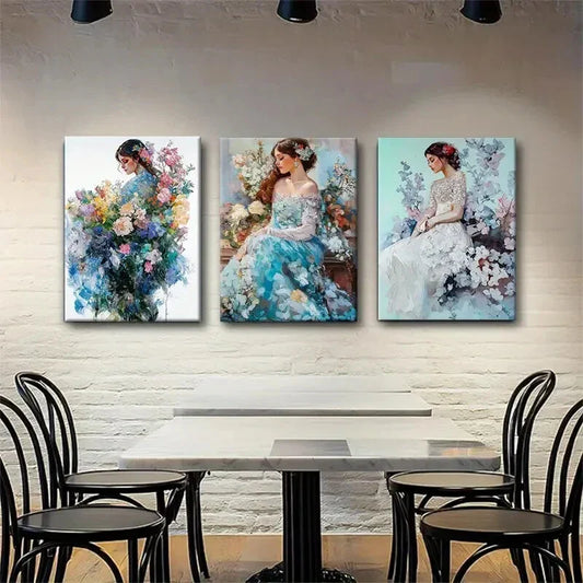 3pcs Elegant Women in Floral Gowns Perfect Wall Art Set Canvas Framed 40x60cm - High Quality Print 100% Australian Made Wall Canvas Ready to Hang