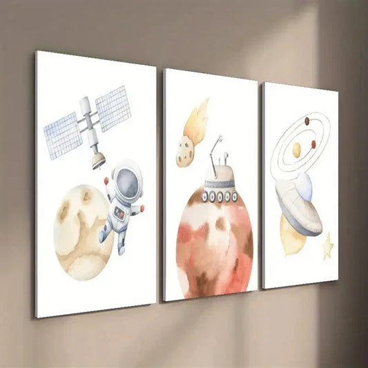 3pcs Astronaut & Planets Decor Wall Art Set Canvas Framed 40x60cm - High Quality Print 100% Australian Made Wall Canvas Ready to Hang