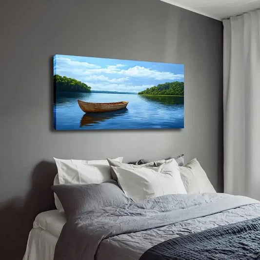 Serene Lake And Rowboat Scene Wall Art Canvas Office Home Room Framed 120x60cm