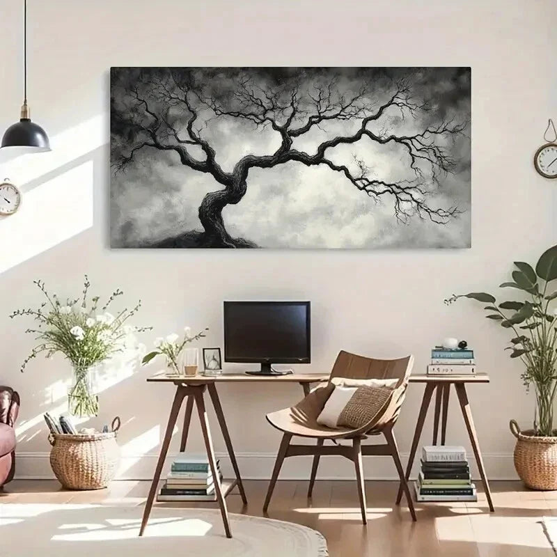 Black and White Tree Modern Wall Art Canvas Office Home Room Framed 80x45cm