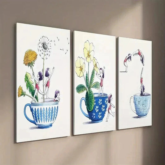 3pcs Floral And Human Painting on Cups Prints Wall Art Set Canvas Framed 40x60cm - High Quality Print 100% Australian Made Wall Canvas Ready to Hang