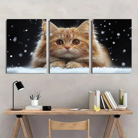 3pcs Cute Fat Orange Cat Snow Scene Metal Print Ready to Hang Art