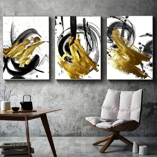 3pcs Abstract Golden Foil Decoration Wall Art Set Canvas Framed 40x60cm - High Quality Print 100% Australian Made Wall Canvas Ready to Hang