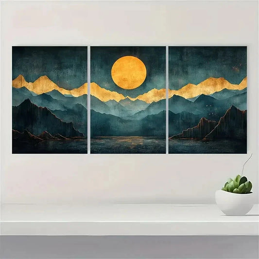 3pcs Dark Blue Green Mustard Yellow Abstract Metal Print Ready to Hang Art