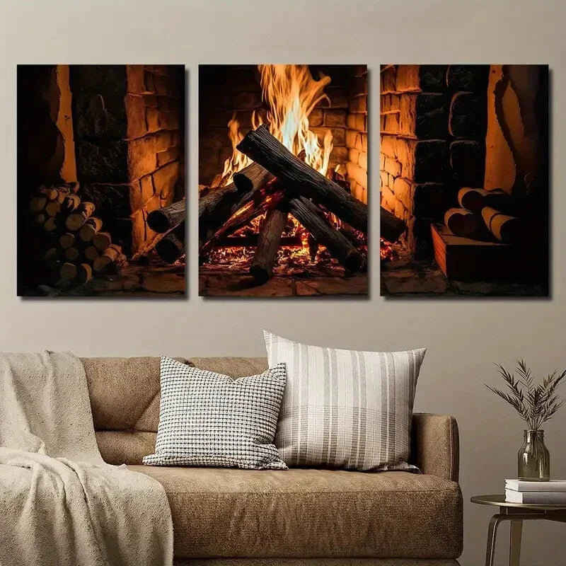 3pcs Wood Burning in Country Cottage Fireplace Wall Art Set Canvas Framed 40x60cm - High Quality Print 100% Australian Made Wall Canvas Ready to Hang