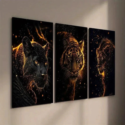 3pcs Golden Flare Lion Tiger & Panther Wall Art Set Canvas Framed 40x60cm - High Quality Print 100% Australian Made Wall Canvas Ready to Hang