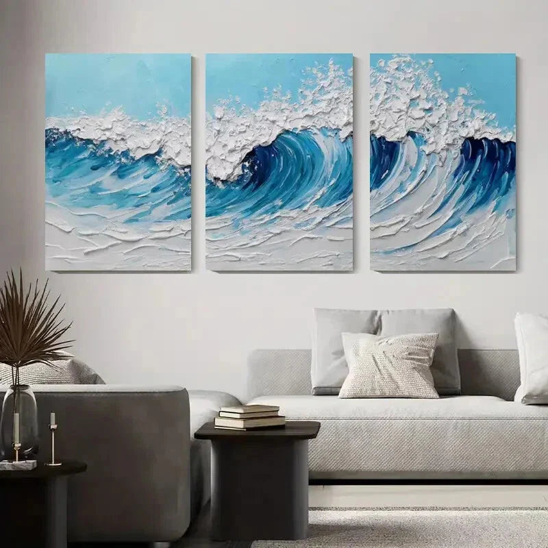 3pcs Abstract Ocean Art, Blue Coastal Metal Print Ready to Hang Art'