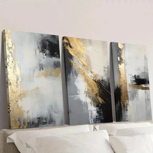 3pcs Golden Black Textured Abstract Wall Art Set Canvas Framed 40x60cm - High Quality Print 100% Australian Made Wall Canvas Ready to Hang