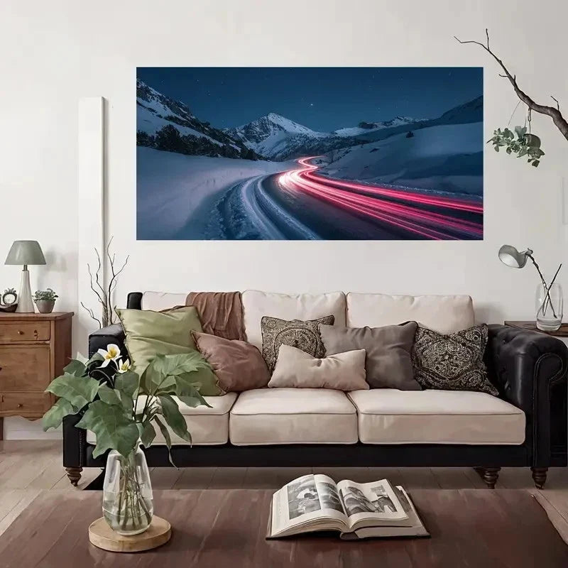 Night Road Mountain Modern Wall Art Canvas Office Home Room Framed 80x45cm