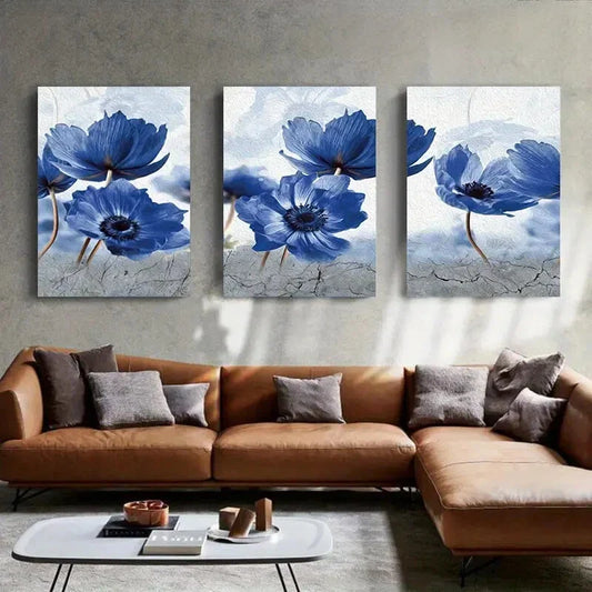 3pcs Blue Floral Abstract Modern Art Metal Print Ready to Hang Art