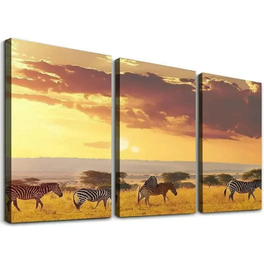 3pcs African Savannah Sunset Zebra Landscape Wall Art Set Canvas Framed 40x60cm - High Quality Print 100% Australian Made Wall Canvas Ready to Hang