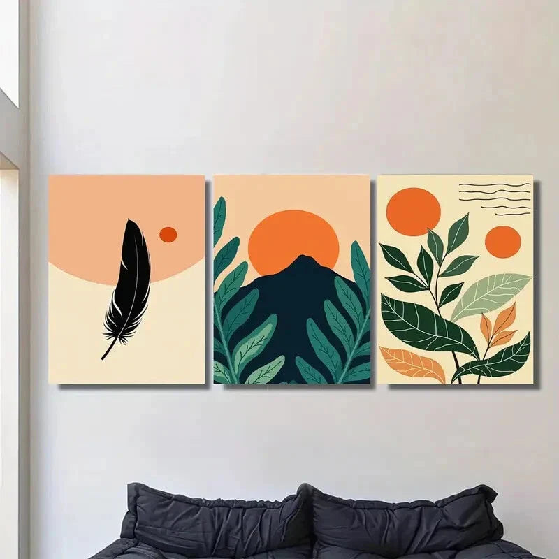 3pcs Modern Abstract Feathers, Leaves Metal Print Ready to Hang Art