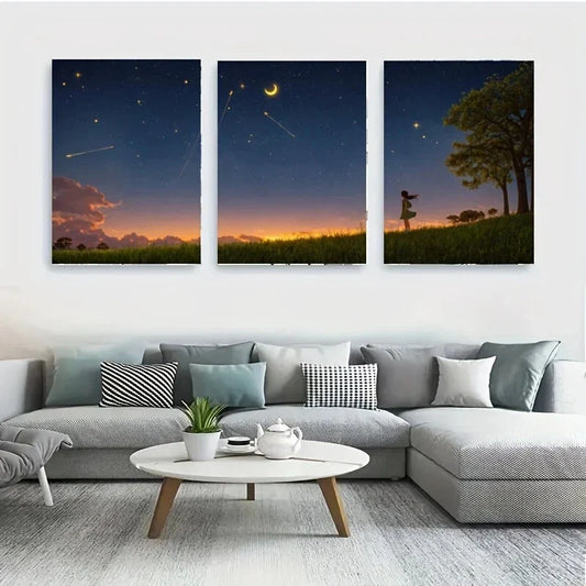 3pcs A Silhouette of a Girl Standing White Wolf Metal Print Ready to Hang Art