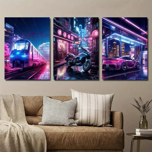 3pcs Cyberpunk Train, Motorcycle And Sports Car Metal Print Ready to Hang Art