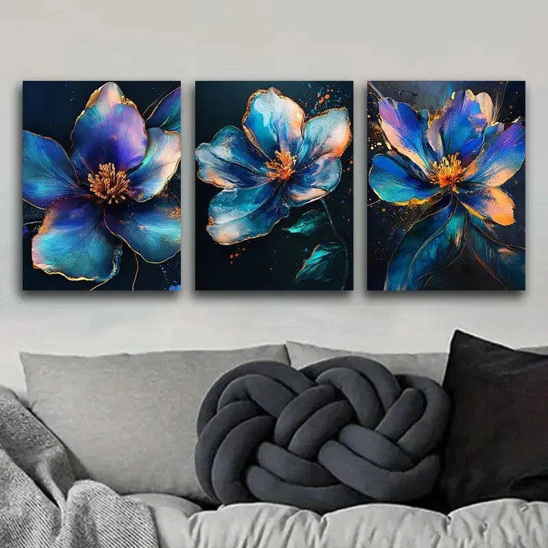 3pcs Colorful Metallic Flowers Nature Blue Wall Art Set Canvas Framed 40x60cm - High Quality Print 100% Australian Made Wall Canvas Ready to Hang